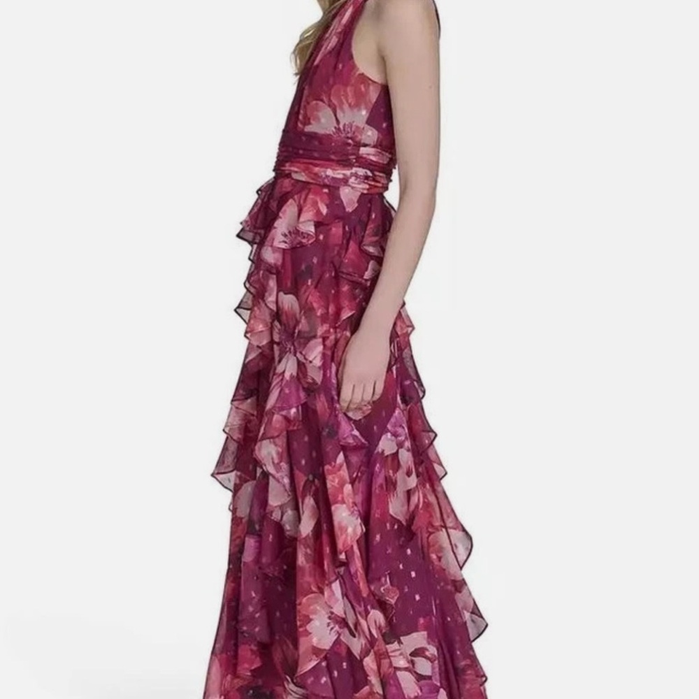 Eliza J Berry-Pink Floral Halter Ruffle Maxi Dress - Picture 2 of 4